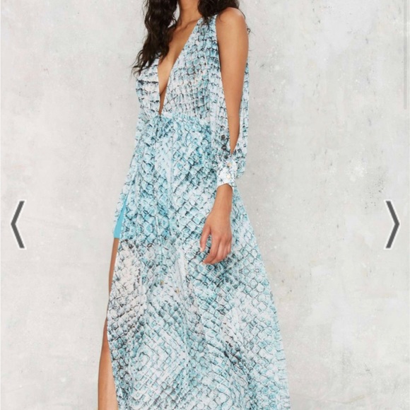 Snakeskin turquoise maxi dress with slits at both thighs. - Picture 4 of 11